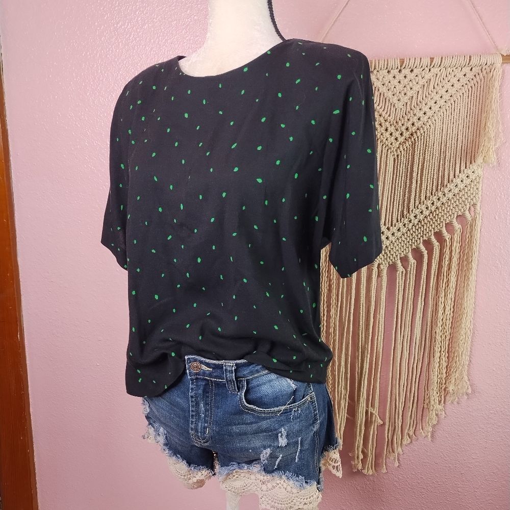 Vintage | Black and‎ Green Polka Dot Short Sleeve Top Large